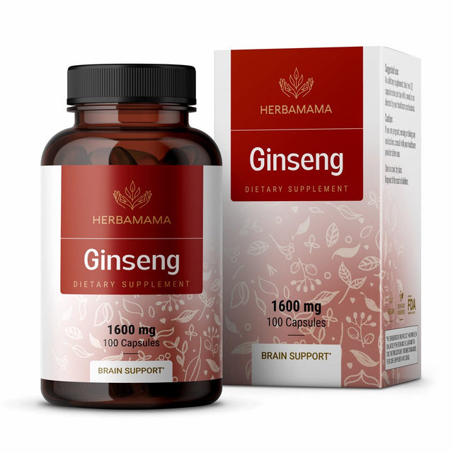 HERBAMAMA Red Ginseng Capsules - Korean Panax Extract - Energy & Brain Support, 100 Capsules