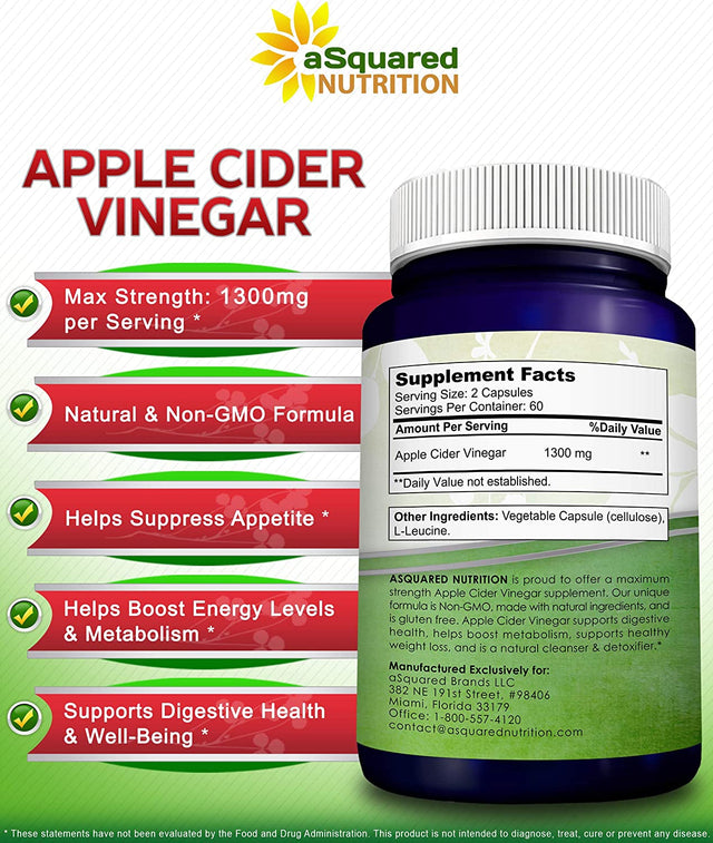 Asquared Nutrition Apple Cider Vinegar Supplement (120) - Extra Strength 1300Mg - ACV Pills for Pure Weight Loss, Detox, Digestion & Immune Support - All Natural Apple Cider Cleanse & Immunity Booster