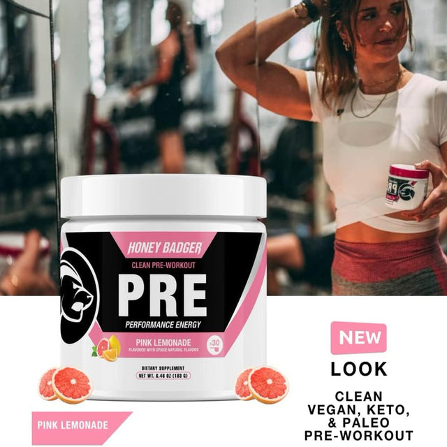 Honey Badger Pre Workout Powder, Keto Vegan Preworkout for Men & Women with Vitamin C for Immune Support, Beta Alanine & Caffeine, Sugar Free Natural Energy Supplement, Pink Lemonade, 30 Servings