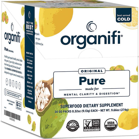 Organifi: Pure Smart Packs - Organic Brain Boost Superfood Solution Revitalize & Alkalize for Daily Mental Focu 30 Packets - Lemon Flavor (Box Open but Unused)