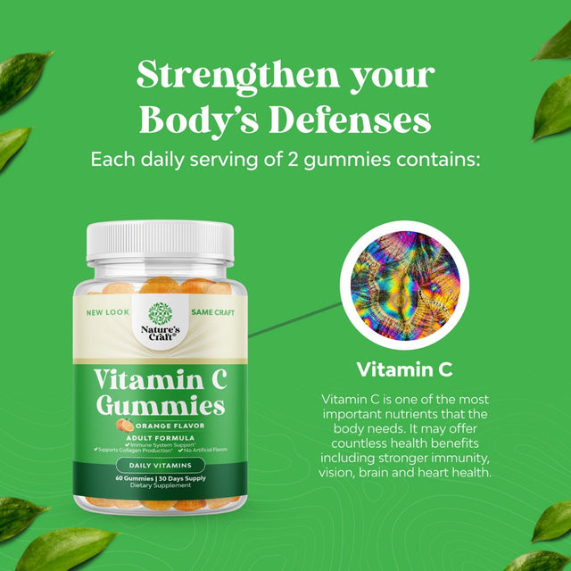 Delicious Vitamin C Gummies for Adults - Nature'S Craft Chewable Vitamin C Immune Support Gummies 60Ct Orange Flavor