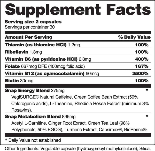 Snap Supplements Energy & Metabolism Booster - Adaptogenic Herbs Ginger Turmeric - 60 Capsules