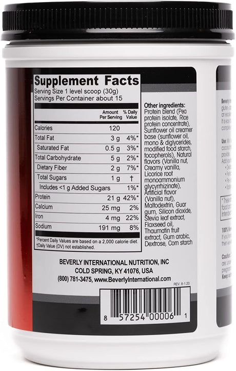 Beverly International PBP, Plant Based Protein. Vegan, Gluten, Dairy, Soy-Free. Great Vanilla Taste, Smooth, Easy to Digest, 21G Protein per Serving, (15 Servings) 1Lb. Complete Amino Acid Profile.