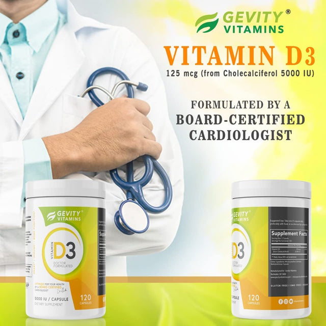 Gevity Vitamin D3 5000 IU 120 Capsules Dietary Supplements for Strong Bones Promotes Immunity