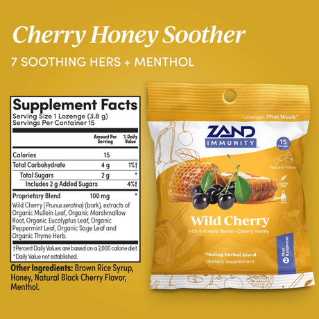 Zand Immunity Wild Cherry Herbalozenge Cough Drops | Honey, Herbs & Menthol for Soothing Immune Support | 15 Lozenges