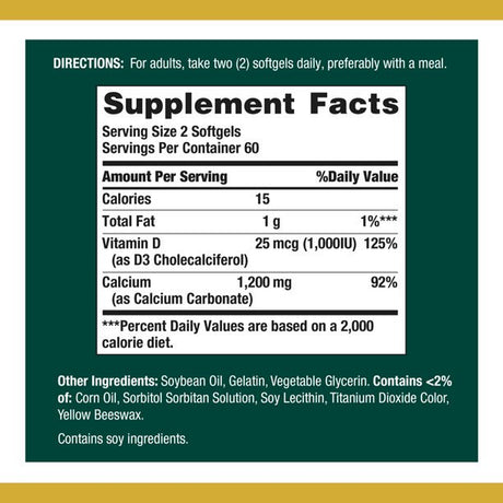 Nature'S Bounty Calcium + Vitamin D3 Softgels, 1200 Mg, 120 Ct