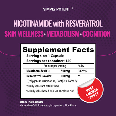 Nicotinamide 500Mg with Resveratrol 100Mg - 120 Veggie Capsules - Vitamin B3 Supplement Pills to Support NAD, Skin Cell Health & Energy