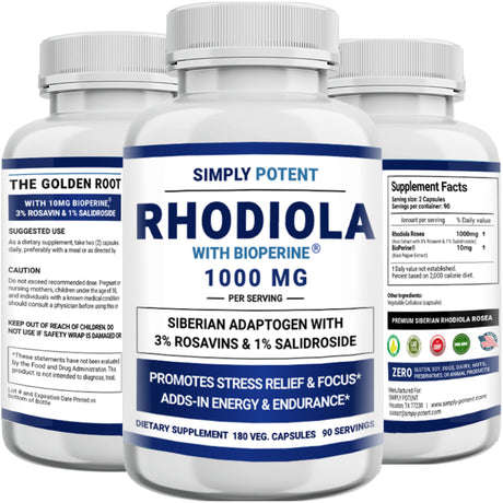 Siberian Rhodiola Rosea Capsules, Max Absorption Rhodiola 1000Mg 180 Pills with 10Mg Bioperine, Rhodiola Root Powder Extract Supplement W 3% Rosavins & 1% Salidroside for Stress Relief, Mood & Energy