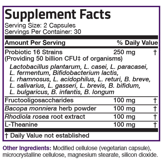 Bronson Brain + Mood Probiotic 50 Billion CFU plus Prebiotic with L-Theanine, Bacopa and Rhodiola NON-GMO, 60 Vegetarian Capsules