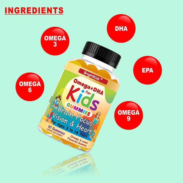 Brightkids Brain Focus, Vision & Heart Health Formula, Omega 3 Gummies +DHA, Support Focus Attention Memory Cognition Focus Formula for Kids 60 Gummies