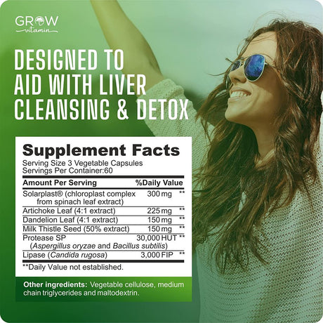 Grow Vitamin Liver Cleanse Detox & Repair Formula - Herbal Liver Support Supplement with Milk Thistle Dandelion Root Turmeric and Artichoke Extract for Liver Health