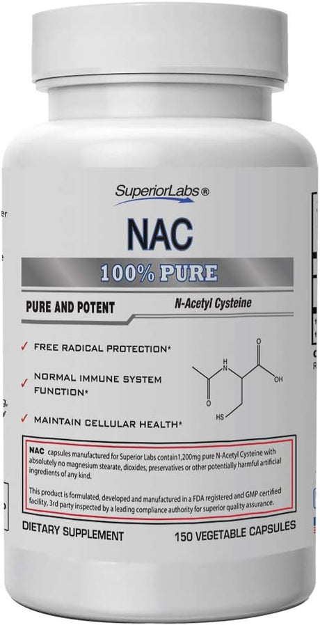 Superior Labs - NAC (N-Acetyl Cysteine) - Dietary Supplement with Selenium - 1,200Mg, 150 Vegetable Capsules - Free Radical Protection - Normal Immune System Function - Maintains Cellular Health