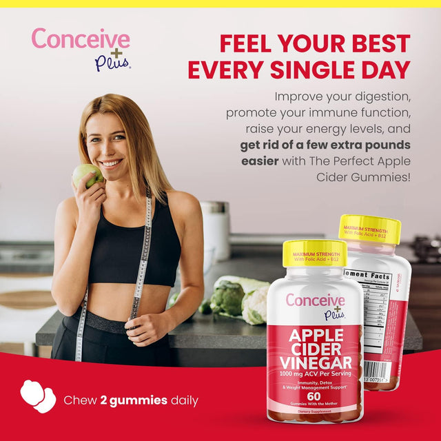 CONCEIVE plus Apple Cider Vinegar Gummies - Potent ACV Gummies with the Mother - Delicious Apple Vinegar Gummy for Immunity, Digestive Health, Energy Boost - Vegan, Non-Gmo, Gluten-Free - 60 Count