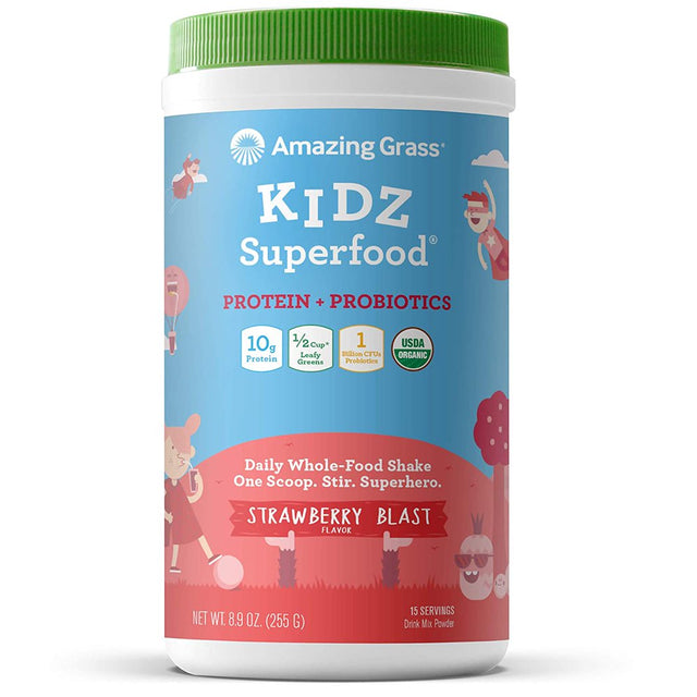 Amazing Grass Kidz Superfood: Vegan Protein Probiotics for Kids with Beet Root Powder 1/2 Cup of Leafy Greens, Strawberry Blast, 15 Servings