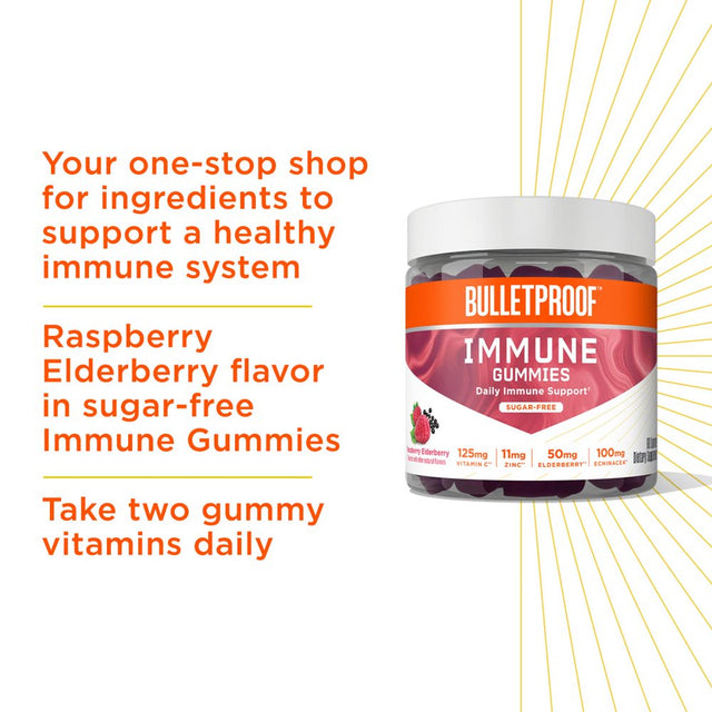 Immune Sugar-Free Gummies, 60 Count, Elderberry Raspberry Flavor | Vitamin C, Zinc, Echinacea, Elderberry | Bulletproof Keto Supplement for a Wellness, Mood, Heart, Hormone Balance