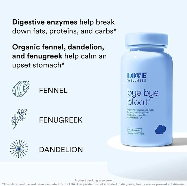 Love Wellness Bye Bye Bloat, Sparkle Fiber, Metabolove | Digestive Enzymes, Metabolism Booster & Bloating Relief for Women | Supports Regularity, Weight Management, Gas Relief & Water Retention