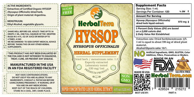 Hyssop (Hyssopus Officinalis) Tincture, Organic Dried Herb Liquid Extract (Herbal Terra, USA) 4 Oz