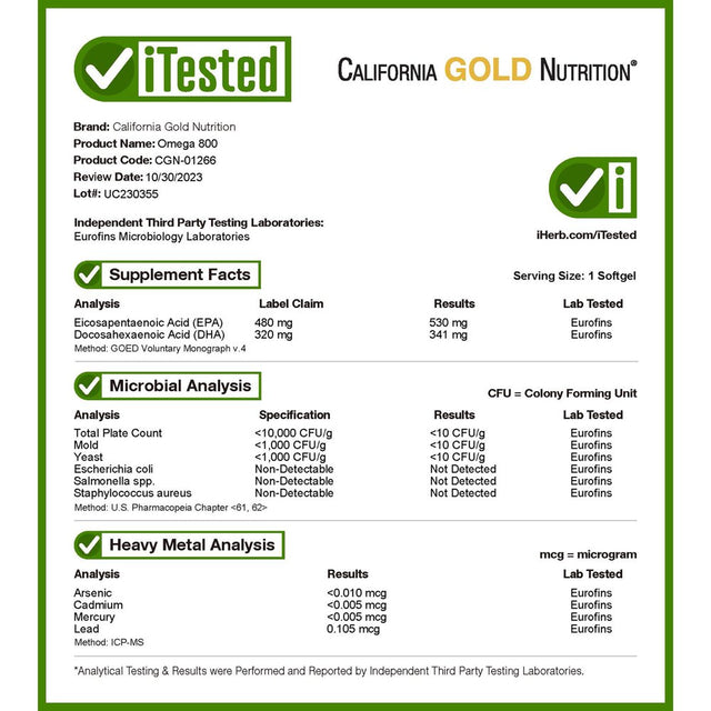 California Gold Nutrition Omega 800 Pharmaceutical Grade Fish Oil, 80% EPA/DHA, Triglyceride Form, 1,000 Mg, 90 Fish Gelatin Softgels