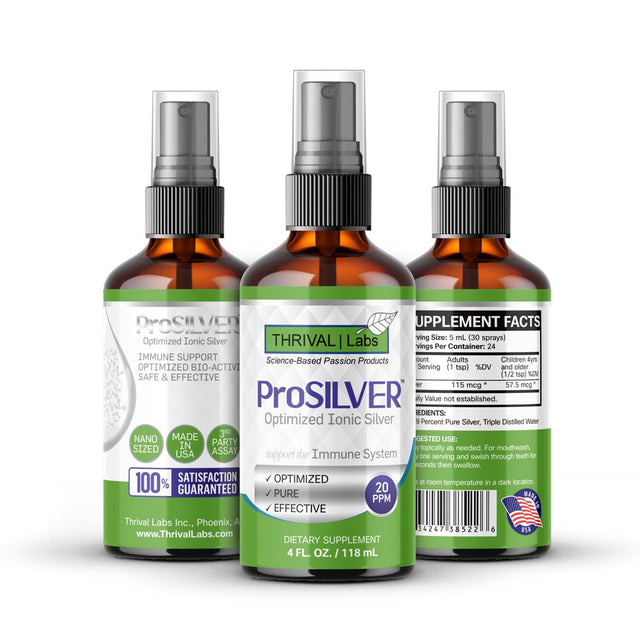 Prosilver Ionic Silver Liquid, Optimized 20 PPM Bio-Active Liquid Silver for Immune Support, Maximum Absorption Ionic Silver in Dark Glass Bottle with Sprayer, 24 Servings, 4Oz - Thrival Labs