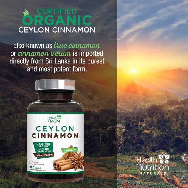 Pure Ceylon Cinnamon Capsules - Certified Organic Cinnamon Pills, Non-Gmo, Dairy & Gluten Free, Sri Lanka Cinnamon Supplements, Vegan True Cinnamomum Vitamins, Sugar Free, 120 Count Cinnamon Capsules