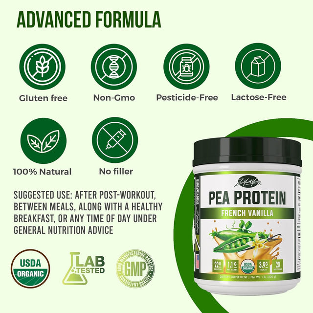 Flavored Pea Protein Powder - Organic Hydrolyzed Vegan All Natural Canada Grown Peas, Easy to Digest, Dairy Free, Gluten Free, Soy Free, Sugar Free, Non-Gmo with BCAA - French Vanilla