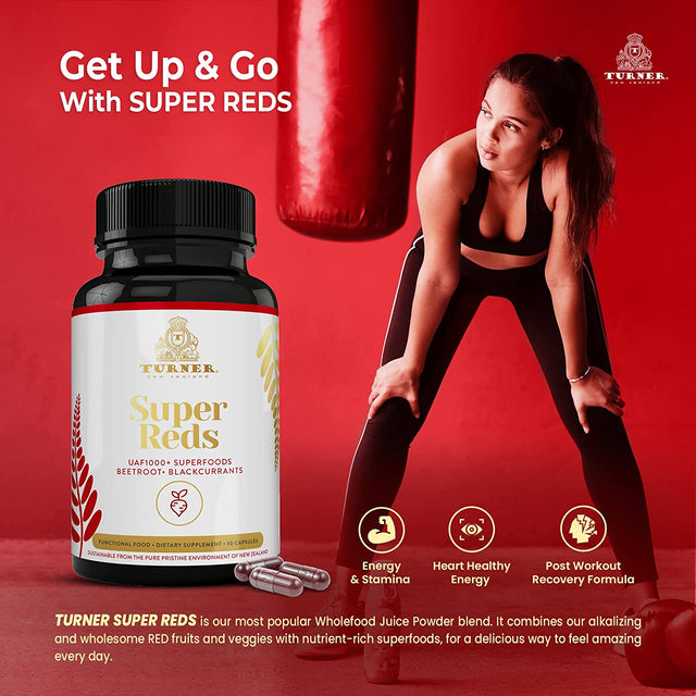 TURNER Super Reds Capsules with UAF1000+, New Zealand Red Superfood Energy, Essential Veggies, Antioxidants, Enzymes, Cleanse, 90 Capsules, 1 Bottle