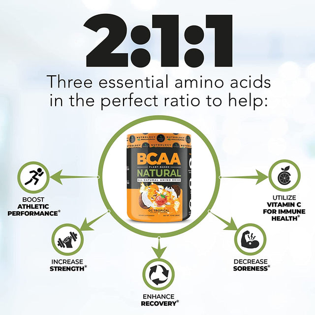 BCAA Natural Powder - Non-Gmo, Plant Sourced Amino Acid Drink Mix, Improve Performance, Enhance Recovery - Boost Immune Health, No Artificial Colors, Gluten Free - Tropical - (30 Servings)