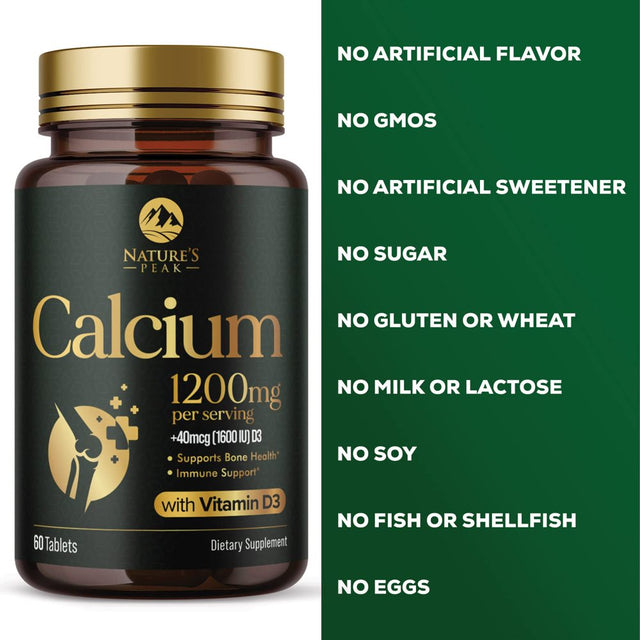 Nature'S Calcium 1200 Mg with Vitamin D3, Bone Health & Immune Support for Women & Men, Calcium Supplement Made with Extra Strength Vitamin D for Carbonate Absorption Dietary Supplement - 60 Tablets