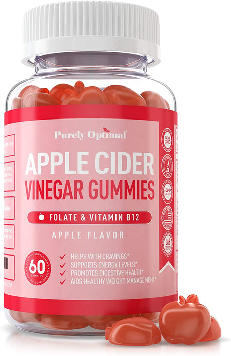 Purely Optimal Premium Apple Cider Vinegar Gummies - Cleanse & Weight Management W/Vitamin B12, Folate, Beet Juice, Pomegranate Juice - 60 Gluten-Free Gummies