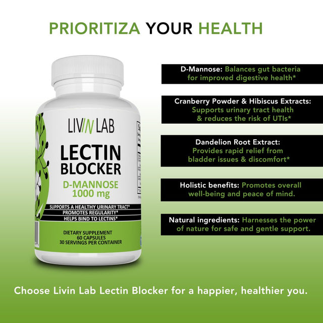 Livin Lab Lectin Blocker | D-Mannose 1000 Mg | Cleanse Urinary Tract | Dietary Supplement to Digestive Health