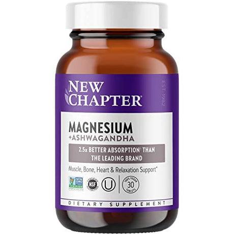 Magnesium, New Chapter Magnesium + Ashwagandha Supplement, 2.5X Absorption, Muscle Recovery, Heart & Bone Health, Calm & Relaxation, Gluten Free, Non-Gmo - 30 Count (Pack of 1)