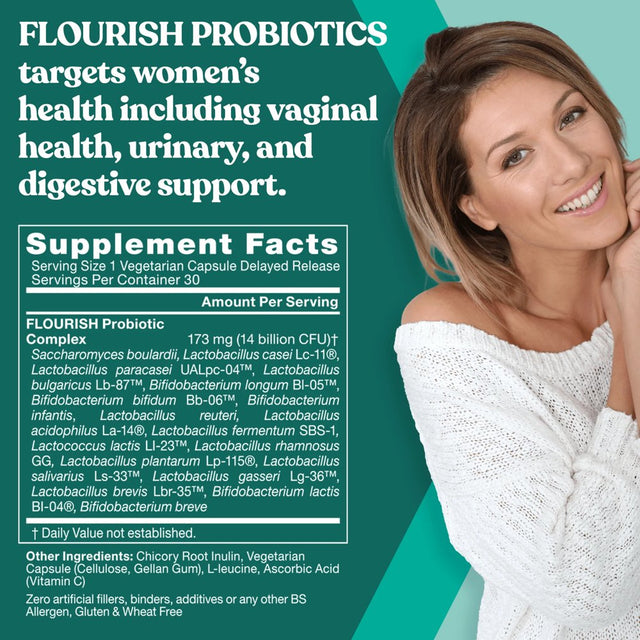 Flourish Probiotics + Prebiotics for Women – Gut and Digestion, Urinary Tract, Reduce Bloating, Vaginal Health – 18 Clinically Proven Strains, 14 Billion CFU – 30 Shelf-Stable Mini Vegan Capsules