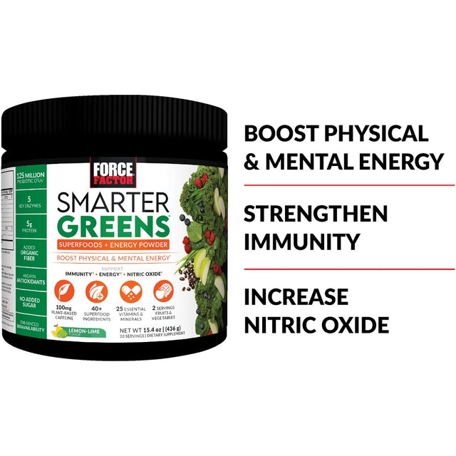 Smarter Greens Superfoods + Energy Powder, Greens Powder with Plant-Based Caffeine, Probiotics, and Digestive Enzymes, Superfood Powder to Boost Energy and Support Immunity, Force Factor, 30 Servings