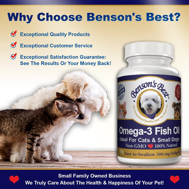 Benson'S Best Omega-3 Fish Oil for Cats & Small Dogs. Provides 43% More Omega-3 than Salmon Oil! 100% Pure, Natural & Non-Gmo, 200 Easy to Swallow 500 Mg Softgel Capsules: Ideal for Cats & Small Dogs!