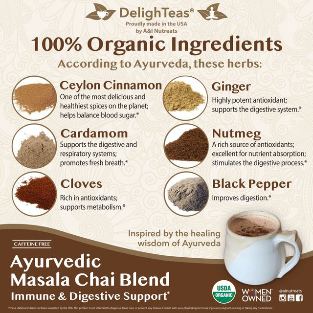 Delighteas Organic Masala Chai Powder for Chai Spice Tea Latte | Digestion and Immune Support | Ayurvedic Spices for Chai Latte | Caffeine Free, Unsweetened, Vegan, Keto (100 Servings, 4 Oz.)