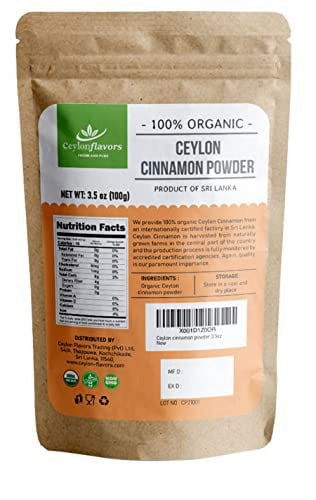 Ceylon Flavors Organic Ceylon Cinnamon Powder, Premium Special Grade, Non GMO, Harvested from a USDA Certified Organic Farm in Sri Lanka (3.5 Oz)