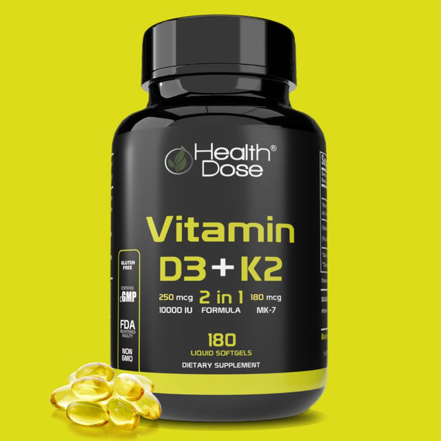 Health Dose Vitamin D3 + K2 10.000 IU with K2 MK-7 with D3 Vitamin Supplement, 2 in 1 Immune Support, Heart, Joint, Teeth & Bone Health 180 Softgels.