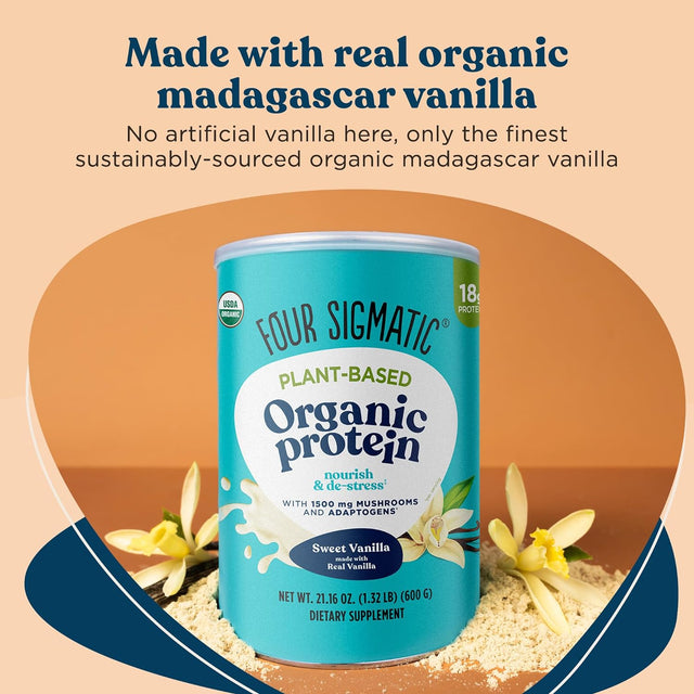 Four Sigmatic Organic Vegan Protein Powder | 18G Plant-Based Protein per Serving | Gluten Free, Dairy Free, Soy Free, Non-Gmo with No Filler Ingredients | 21.16Oz, 15 Servings | Sweet Vanilla