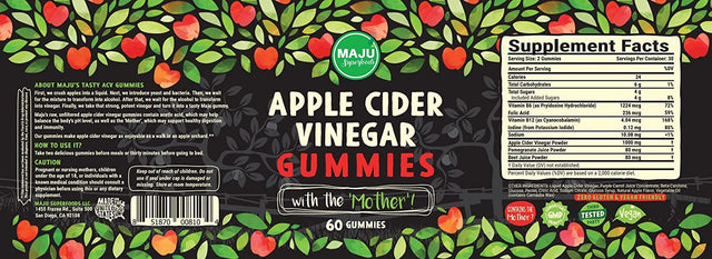 Apple Cider Vinegar Gummies with Mother - Weight Management & Detox - 2X Stronger (1000 Mg) Unfiltered ACV, Gluten-Free, Chewable, Low Sugar Content, Vegan by MAJU