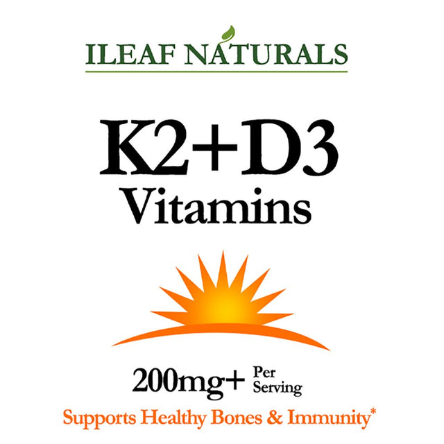 Ileaf Naturals K2 + D3 Vitamins Supplement with Bioperine® Black Pepper - 60 Veggie Capsules