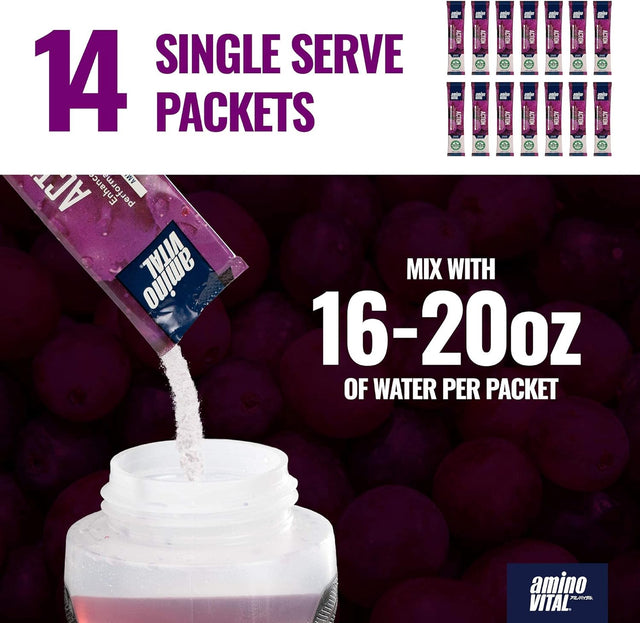 Amino Vital Action & Rapid Recovery- BCAA Amino Acids Pre and Post Workout Packets | No Caffeine, Vegan, Gluten Free | 14 Single Serve Stick Pack | Grape and Blueberry Flavor