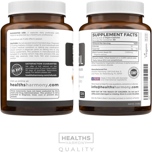 Healths Harmony Black Seed Oil 1000 Mg, 120Ct Softgel Capsules, NON-GMO & Vegan Supplement Made from Cold Pressed Nigella Sativa Pure Black Cumin Seed Oil