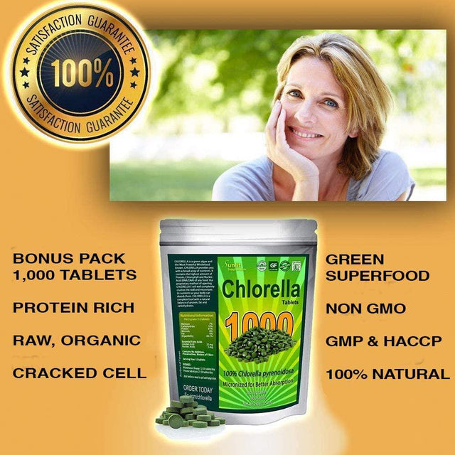 Chlorella Tablets Mega-Pack 1000 Tablets Cracked Cell, Organic, Raw, Non-Gmo. 100% Pure Chlorella Pyrensoidosa. Green Superfood. High Protein, Chlorophyll & Nucleic Acids. No Preservatives or Fillers