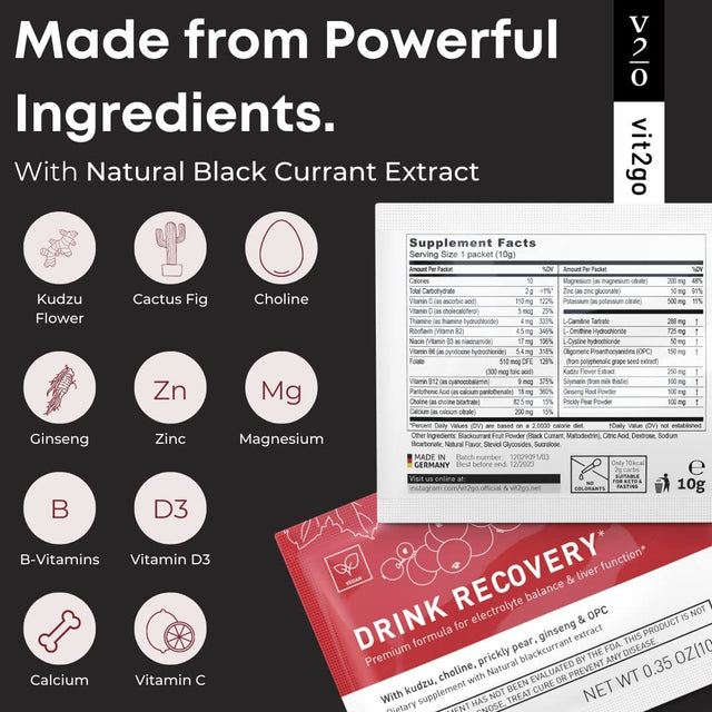 Drink Recovery Electrolytes Powder 250G with Vitamins, Vegan Electrolyte Packets for Hydration & Liver Detox, Blackcurrant Flavor (30 Sachets)