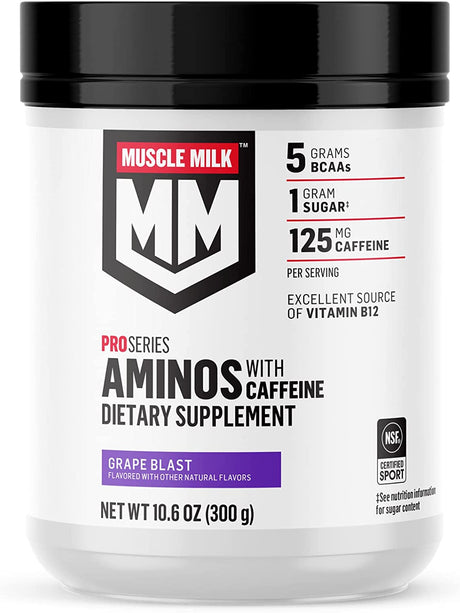 Muscle Milk Pro Series Aminos with Caffeine Powder Supplement, Grape Blast, 10.6 Ounces, 25 Servings, 5G Bcaas, 125Mg Caffeine, 1G Sugar, Vitamin B12, NSF Certified for Sport, Packaging May Vary