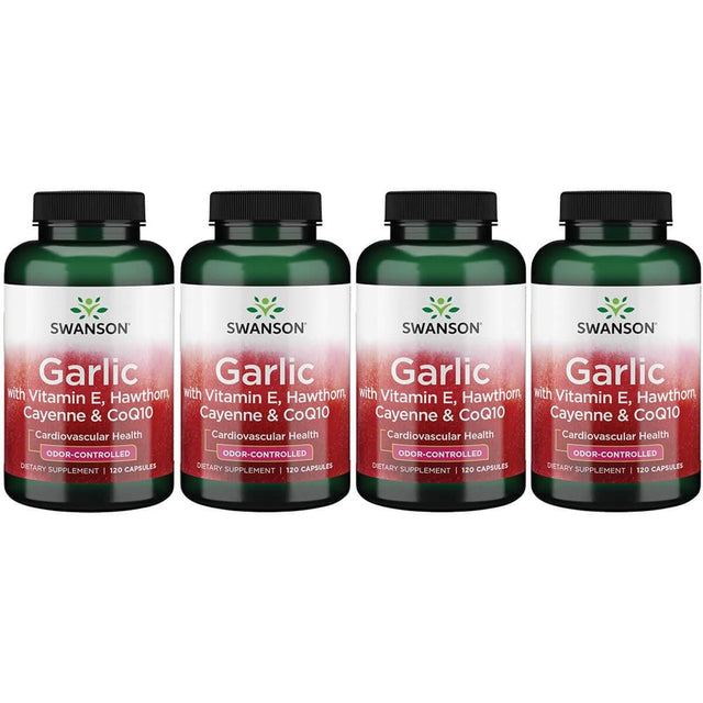 Swanson Garlic with Vitamin E, Hawthorn, Cayenne & Coq10 - Odor-Controlled 4 Pack