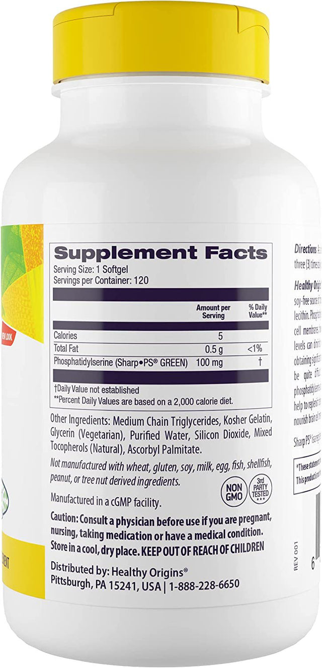 Healthy Origins Sunflower PS 100 Mg (Phosphatidylserine, Soy-Free, Non-Gmo, Gluten Free, Brain Support, Memory Support), 120 Softgels