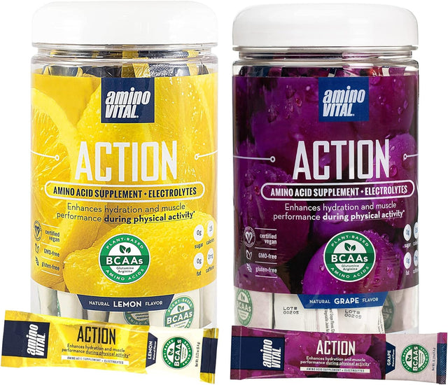 Amino Vital Action- BCAA Amino Acid Drink Mix | Single Serve Pre Workout Packets for Energy and Hydration | No Caffeine, Keto, Vegan Supplement | 28 Stick Packs | Grape & Lemon