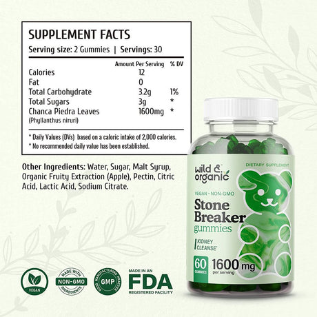 Wild & Organic Stone Breaker Gummies - Chanca Piedra for Kidney Cleanse, Liver & Gallbladder Support 60 Ct