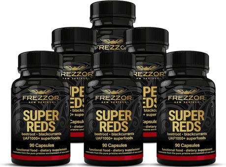 FREZZOR Super Reds Capsules with UAF1000+, All-Natural New Zealand Red Superfood Energy, Essential Red Fruits Veggies& Beets, Antioxidants, Enzymes, Energy Supplements, 540 Capsules, 6 Bottles